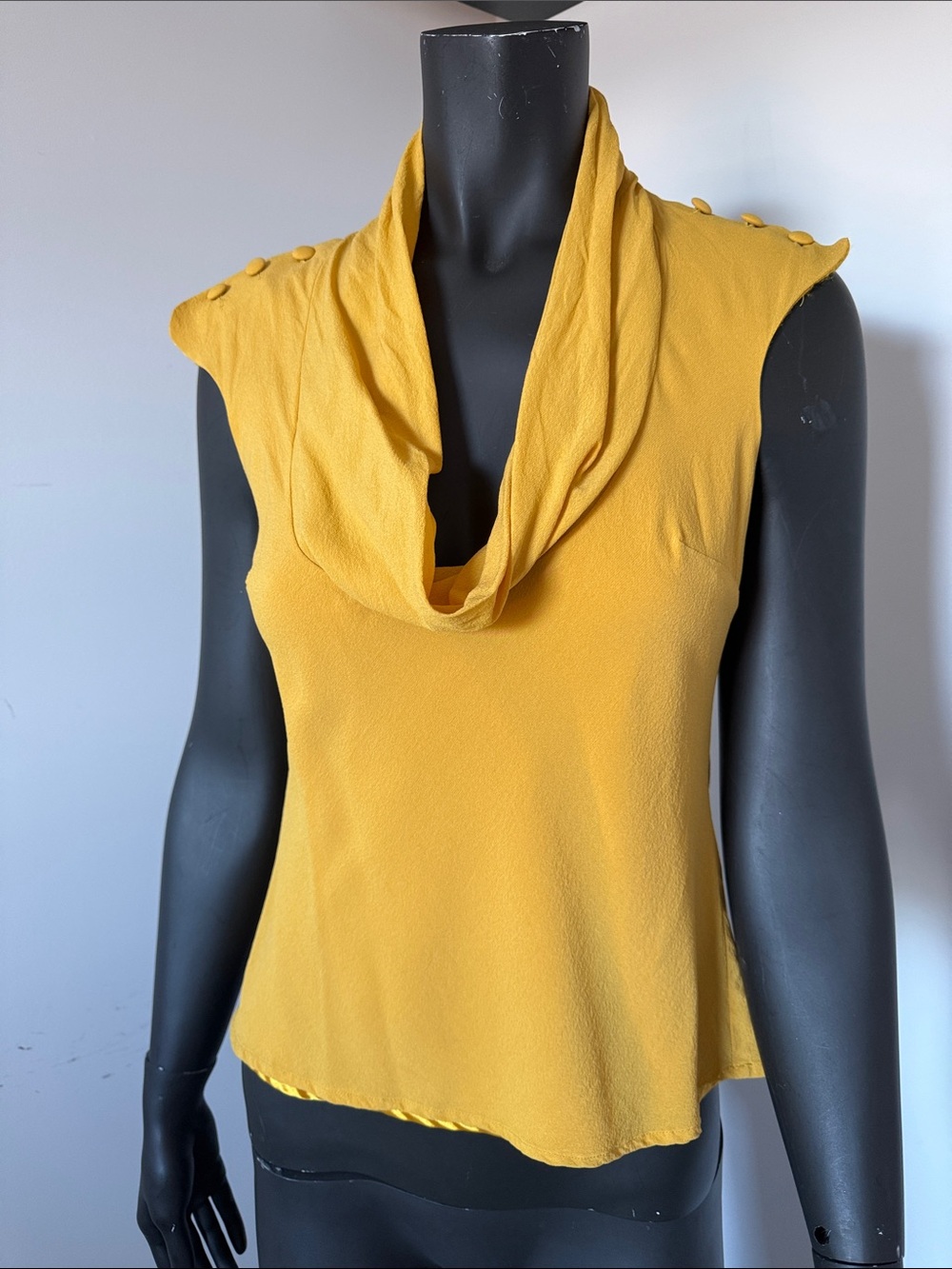 Bebe Silk Blend Mustard Cowl Neck Button Shoulder Top Size M